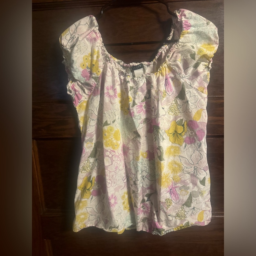 J. Crew White Ruffled Cap Sleeve Blouse, Floral Print, Size L